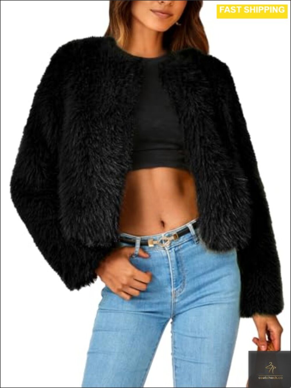 Women's Cropped Faux Fur Coat Fuzzy Open Front Winter Jacket